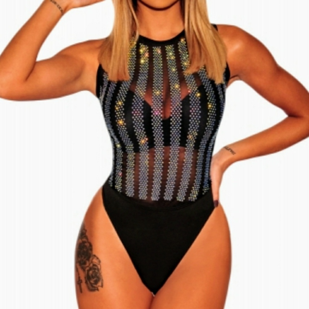 New Black bodysuit with sliver rhinestones